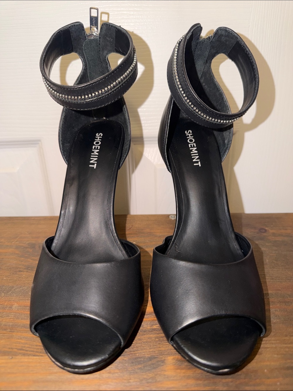 Shoemint Black Zipper-Trim Ankle-Strap Open-Toe Heels